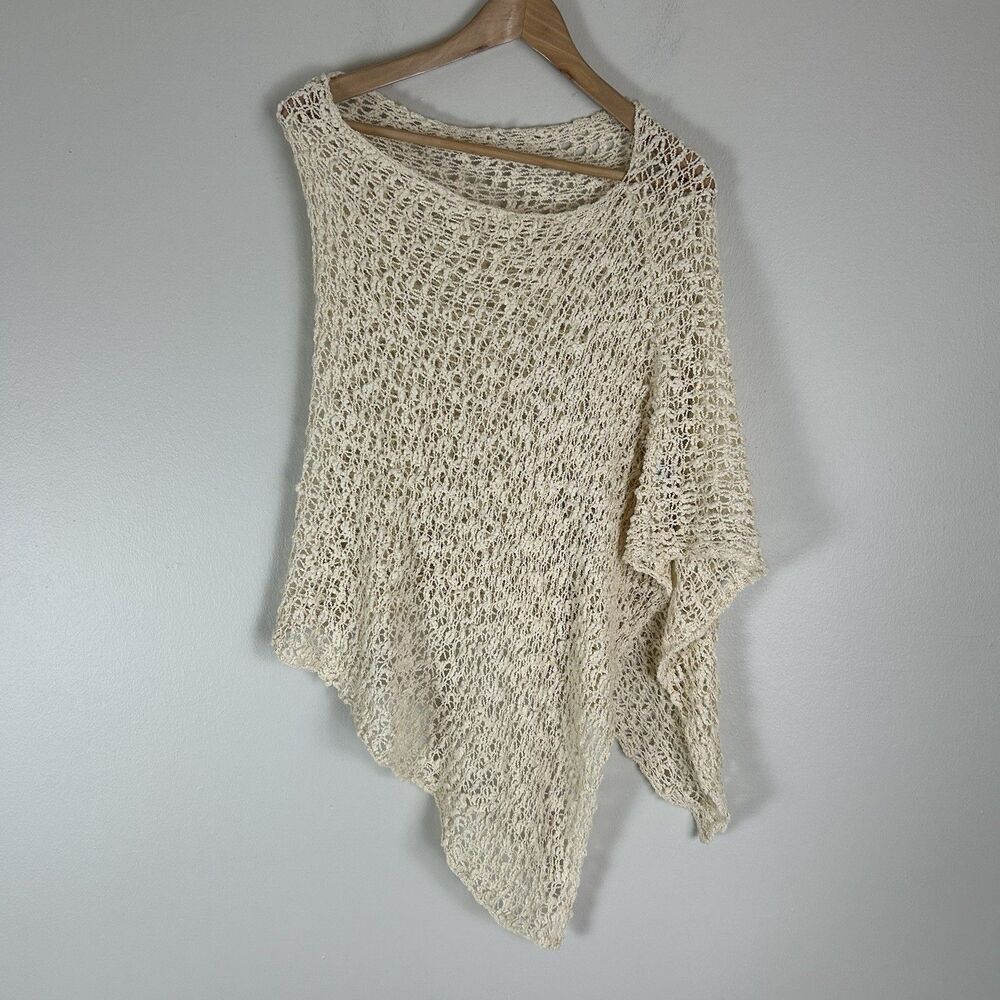 Crochet Knit Poncho White Open Weave Asymmetric Boho Festival Cottage OS Shawl